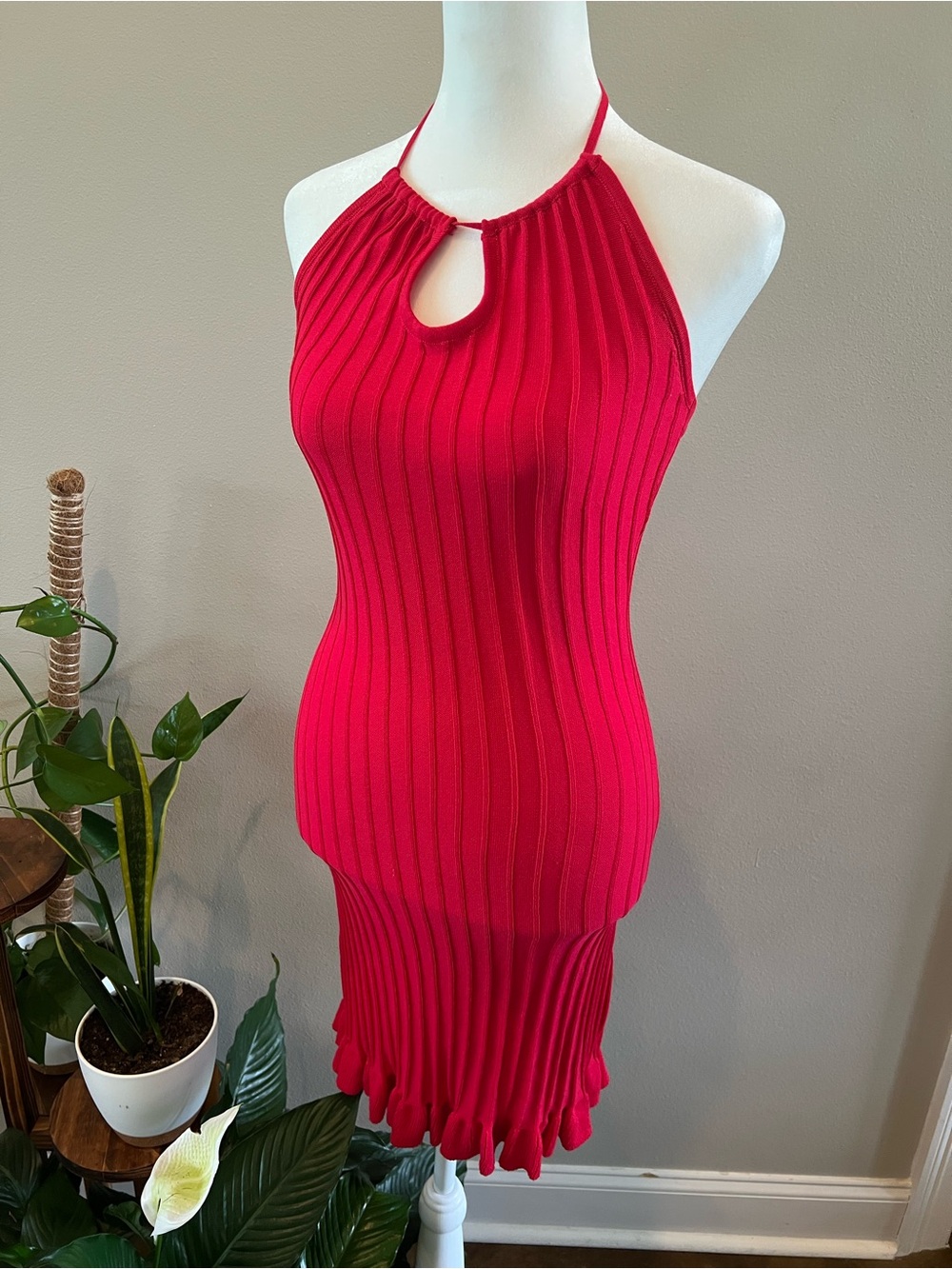 Fitted Ribbed Knit Halter Mini Dress with Ruffles in Bright Red fitted Bodycon